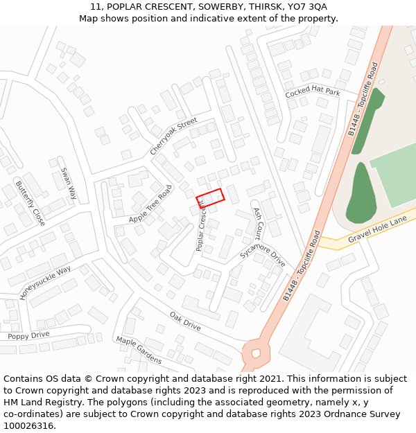 11, POPLAR CRESCENT, SOWERBY, THIRSK, YO7 3QA: Location map and indicative extent of plot