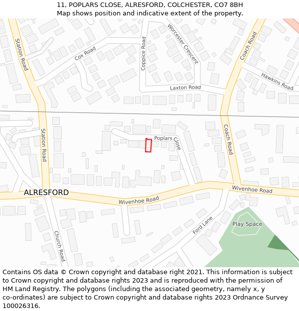 11, POPLARS CLOSE, ALRESFORD, COLCHESTER, CO7 8BH: Location map and indicative extent of plot