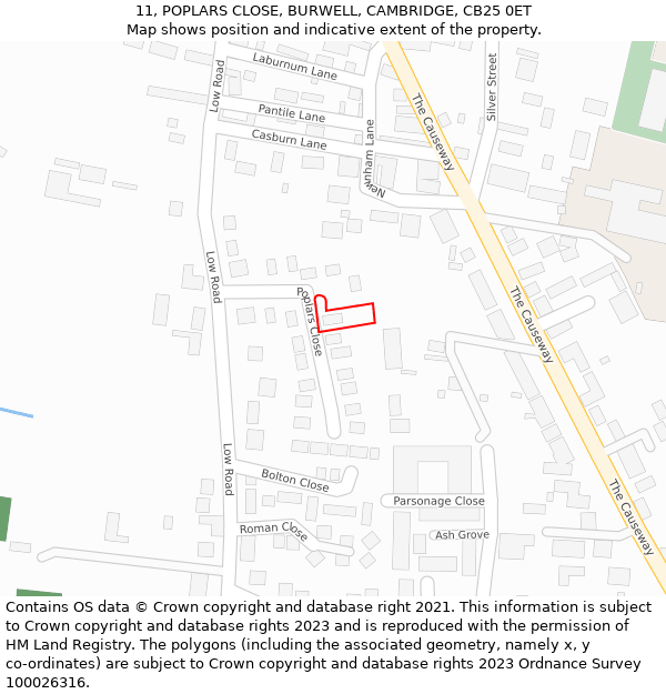 11, POPLARS CLOSE, BURWELL, CAMBRIDGE, CB25 0ET: Location map and indicative extent of plot