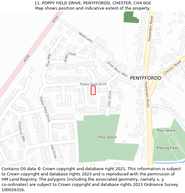 11, POPPY FIELD DRIVE, PENYFFORDD, CHESTER, CH4 0GE: Location map and indicative extent of plot