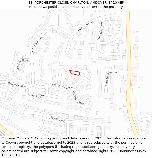 11, PORCHESTER CLOSE, CHARLTON, ANDOVER, SP10 4ER: Location map and indicative extent of plot