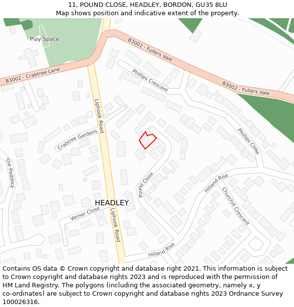 11, POUND CLOSE, HEADLEY, BORDON, GU35 8LU: Location map and indicative extent of plot