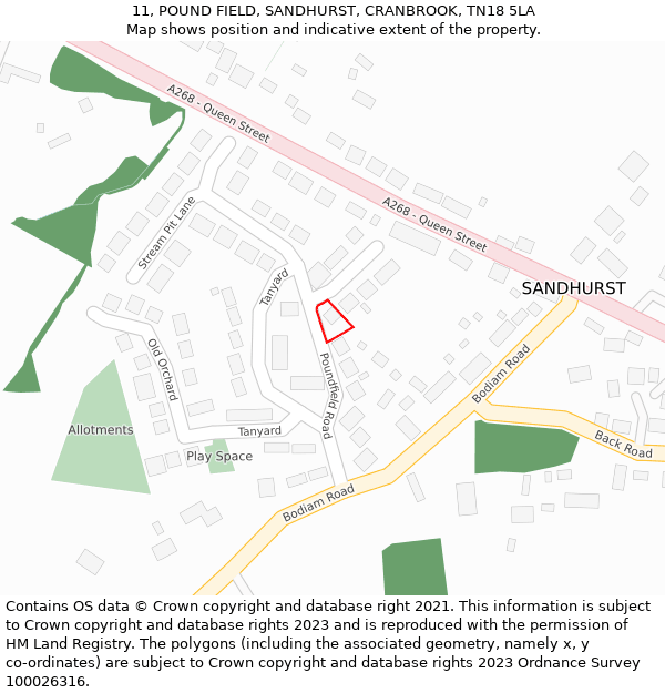11, POUND FIELD, SANDHURST, CRANBROOK, TN18 5LA: Location map and indicative extent of plot
