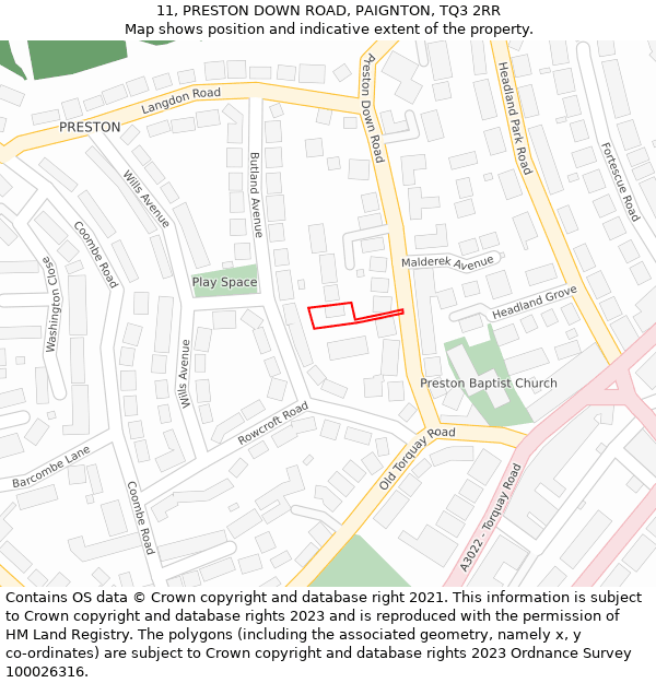 11, PRESTON DOWN ROAD, PAIGNTON, TQ3 2RR: Location map and indicative extent of plot