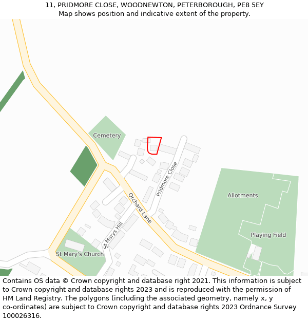 11, PRIDMORE CLOSE, WOODNEWTON, PETERBOROUGH, PE8 5EY: Location map and indicative extent of plot