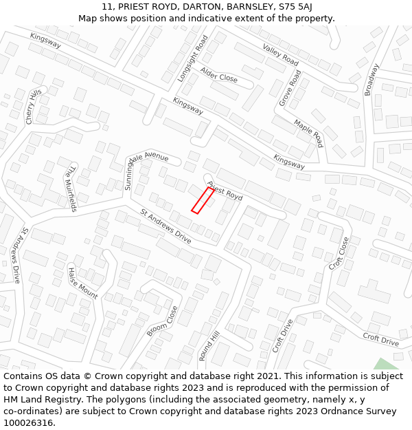 11, PRIEST ROYD, DARTON, BARNSLEY, S75 5AJ: Location map and indicative extent of plot