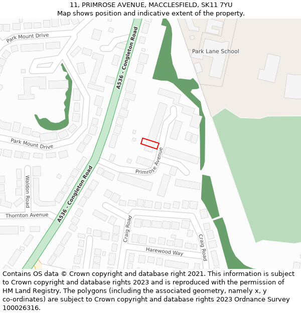 11, PRIMROSE AVENUE, MACCLESFIELD, SK11 7YU: Location map and indicative extent of plot