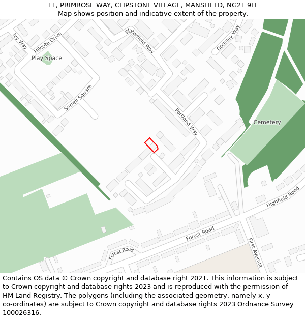 11, PRIMROSE WAY, CLIPSTONE VILLAGE, MANSFIELD, NG21 9FF: Location map and indicative extent of plot