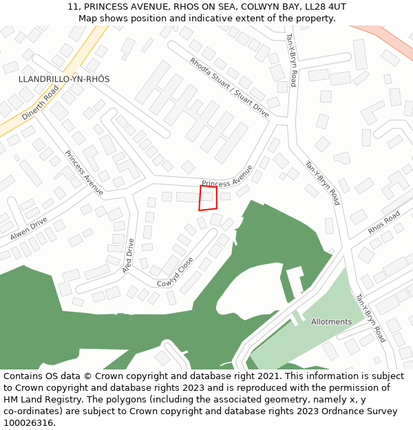 11, PRINCESS AVENUE, RHOS ON SEA, COLWYN BAY, LL28 4UT: Location map and indicative extent of plot