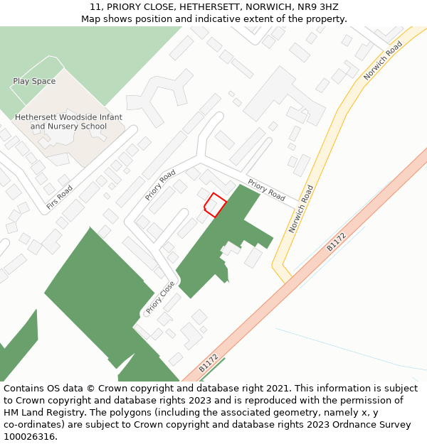 11, PRIORY CLOSE, HETHERSETT, NORWICH, NR9 3HZ: Location map and indicative extent of plot