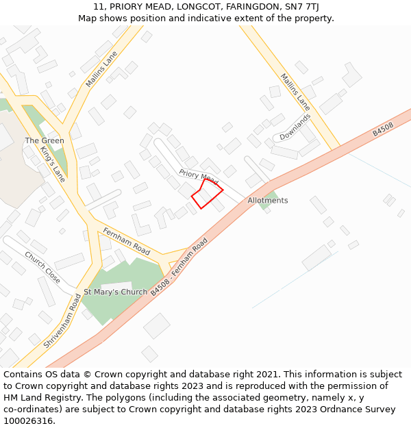 11, PRIORY MEAD, LONGCOT, FARINGDON, SN7 7TJ: Location map and indicative extent of plot