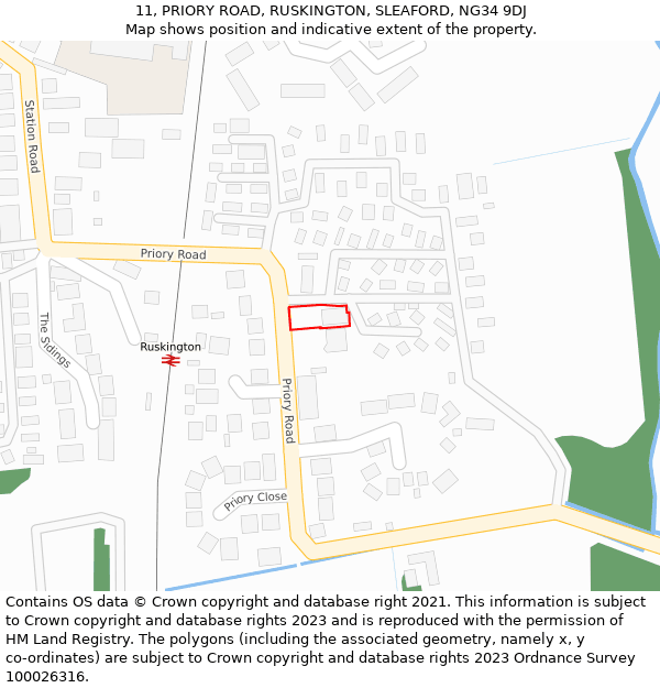 11, PRIORY ROAD, RUSKINGTON, SLEAFORD, NG34 9DJ: Location map and indicative extent of plot