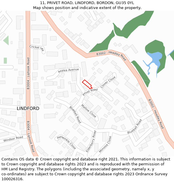 11, PRIVET ROAD, LINDFORD, BORDON, GU35 0YL: Location map and indicative extent of plot