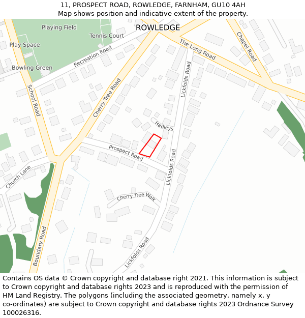 11, PROSPECT ROAD, ROWLEDGE, FARNHAM, GU10 4AH: Location map and indicative extent of plot