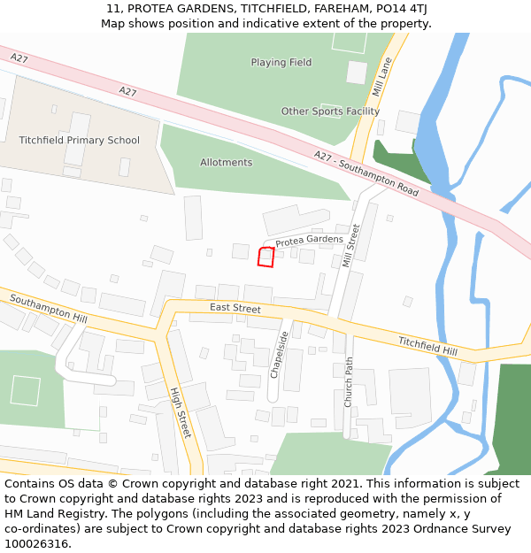 11, PROTEA GARDENS, TITCHFIELD, FAREHAM, PO14 4TJ: Location map and indicative extent of plot