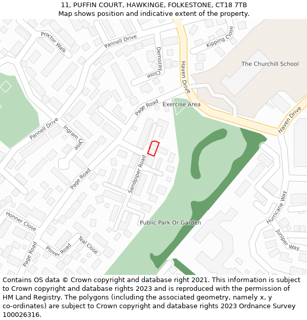 11, PUFFIN COURT, HAWKINGE, FOLKESTONE, CT18 7TB: Location map and indicative extent of plot