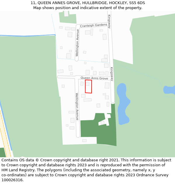 11, QUEEN ANNES GROVE, HULLBRIDGE, HOCKLEY, SS5 6DS: Location map and indicative extent of plot