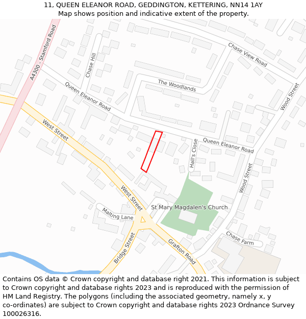 11, QUEEN ELEANOR ROAD, GEDDINGTON, KETTERING, NN14 1AY: Location map and indicative extent of plot