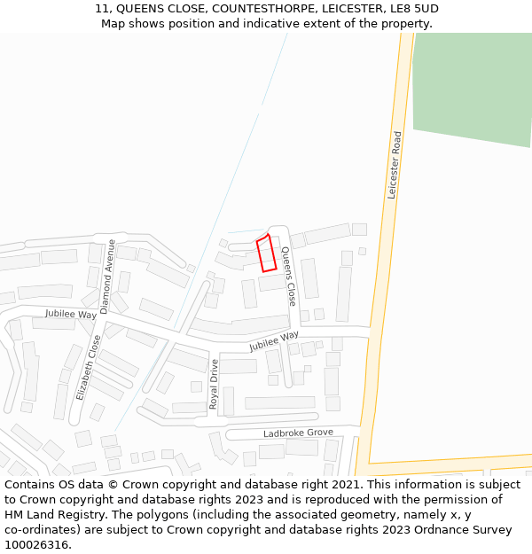 11, QUEENS CLOSE, COUNTESTHORPE, LEICESTER, LE8 5UD: Location map and indicative extent of plot