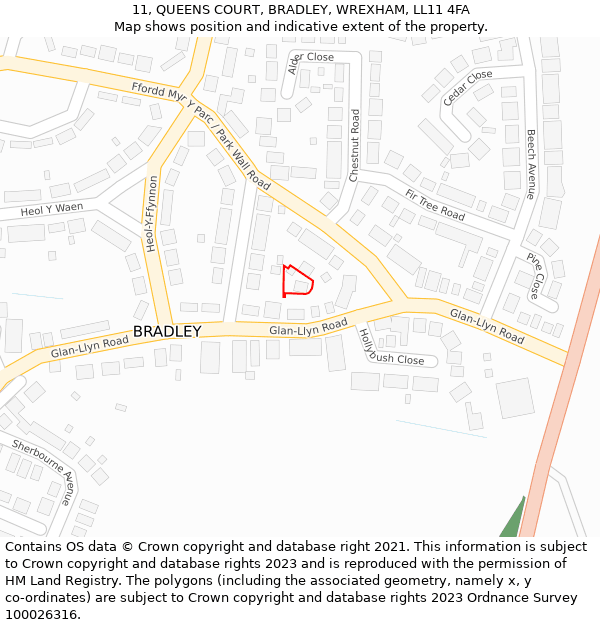 11, QUEENS COURT, BRADLEY, WREXHAM, LL11 4FA: Location map and indicative extent of plot
