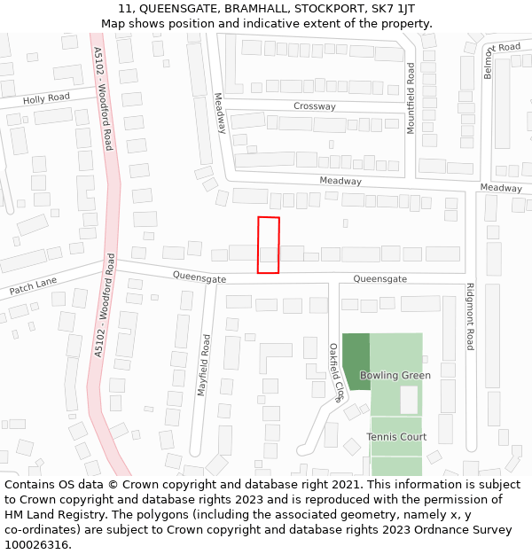 11, QUEENSGATE, BRAMHALL, STOCKPORT, SK7 1JT: Location map and indicative extent of plot