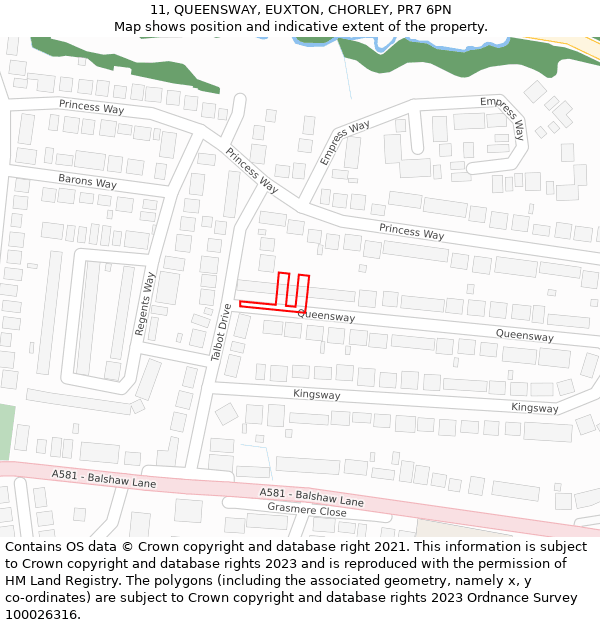 11, QUEENSWAY, EUXTON, CHORLEY, PR7 6PN: Location map and indicative extent of plot