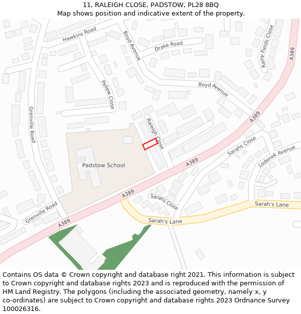 11, RALEIGH CLOSE, PADSTOW, PL28 8BQ: Location map and indicative extent of plot