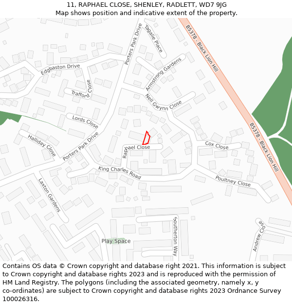 11, RAPHAEL CLOSE, SHENLEY, RADLETT, WD7 9JG: Location map and indicative extent of plot