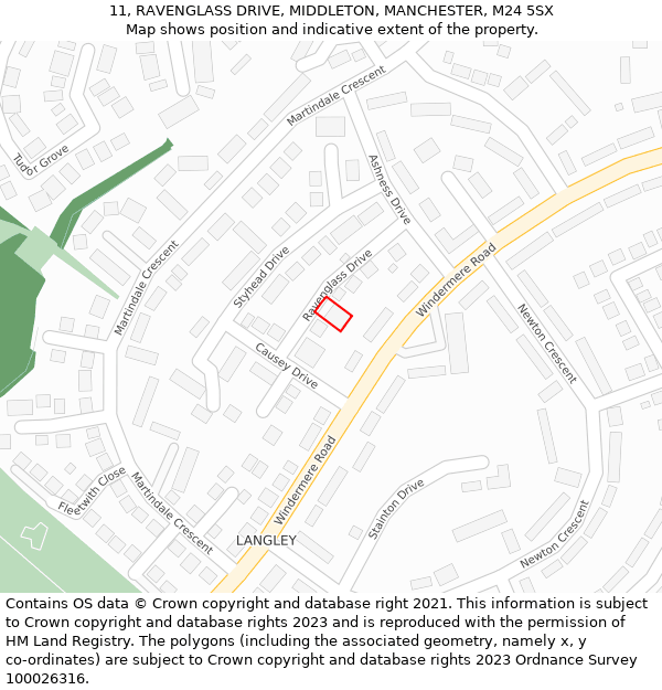 11, RAVENGLASS DRIVE, MIDDLETON, MANCHESTER, M24 5SX: Location map and indicative extent of plot