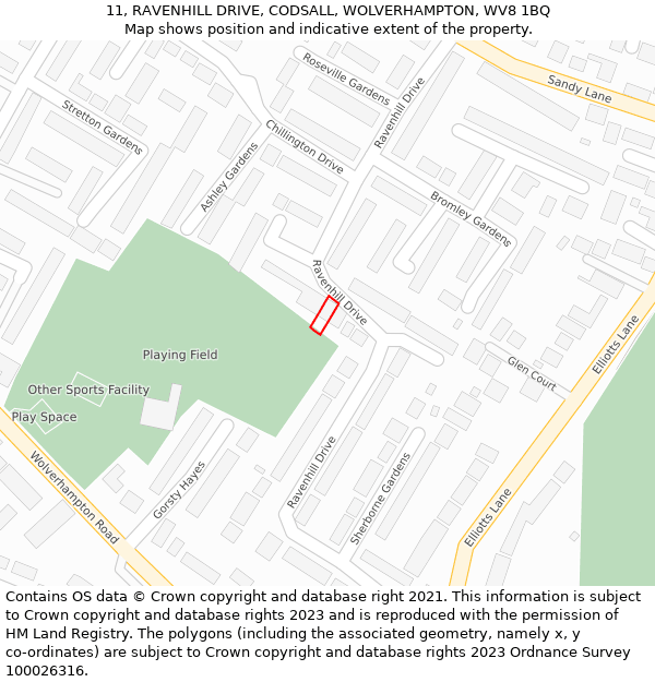 11, RAVENHILL DRIVE, CODSALL, WOLVERHAMPTON, WV8 1BQ: Location map and indicative extent of plot