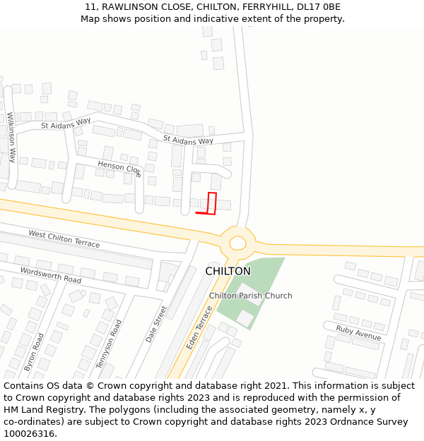 11, RAWLINSON CLOSE, CHILTON, FERRYHILL, DL17 0BE: Location map and indicative extent of plot