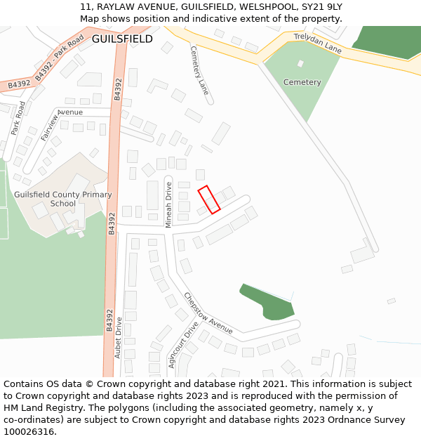 11, RAYLAW AVENUE, GUILSFIELD, WELSHPOOL, SY21 9LY: Location map and indicative extent of plot