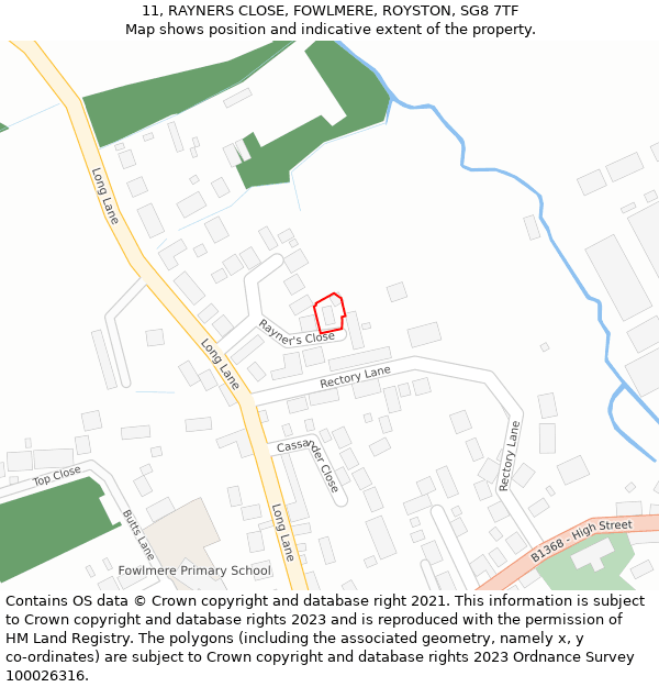 11, RAYNERS CLOSE, FOWLMERE, ROYSTON, SG8 7TF: Location map and indicative extent of plot