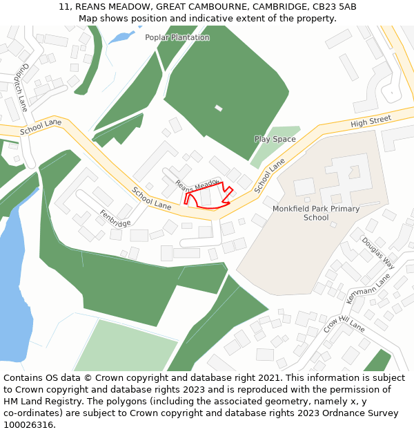 11, REANS MEADOW, GREAT CAMBOURNE, CAMBRIDGE, CB23 5AB: Location map and indicative extent of plot