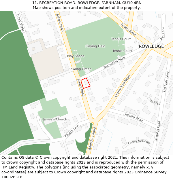 11, RECREATION ROAD, ROWLEDGE, FARNHAM, GU10 4BN: Location map and indicative extent of plot