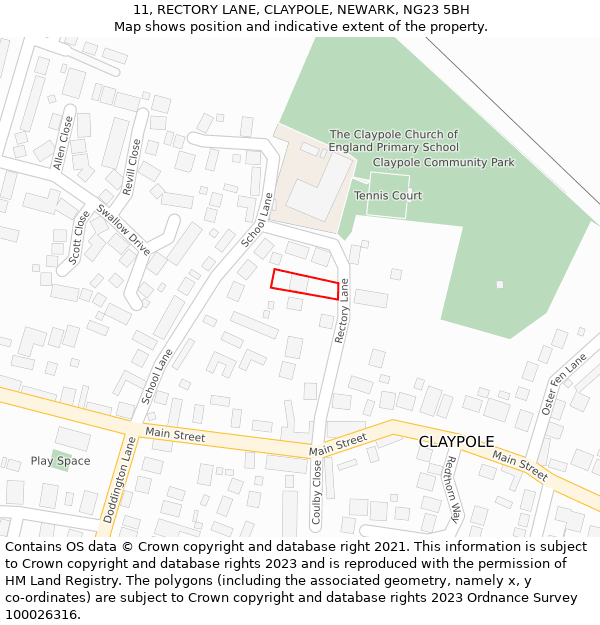 11, RECTORY LANE, CLAYPOLE, NEWARK, NG23 5BH: Location map and indicative extent of plot