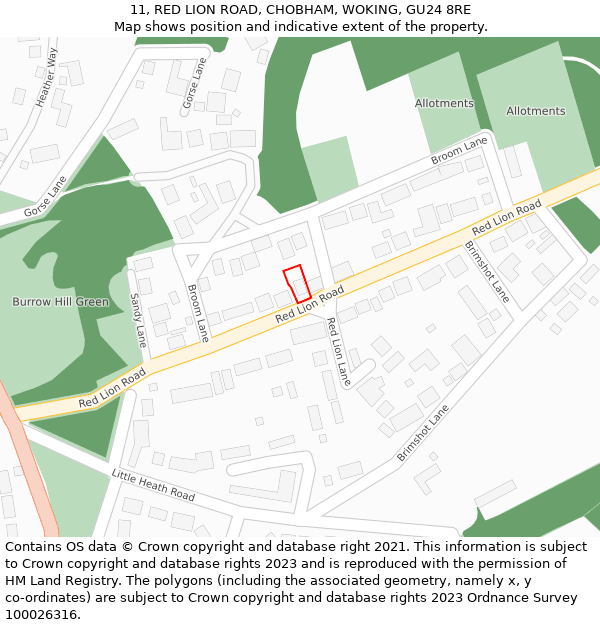 11, RED LION ROAD, CHOBHAM, WOKING, GU24 8RE: Location map and indicative extent of plot