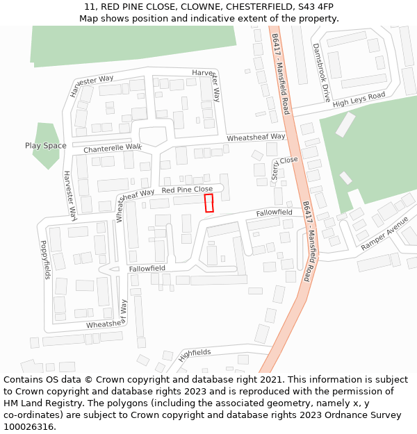 11, RED PINE CLOSE, CLOWNE, CHESTERFIELD, S43 4FP: Location map and indicative extent of plot