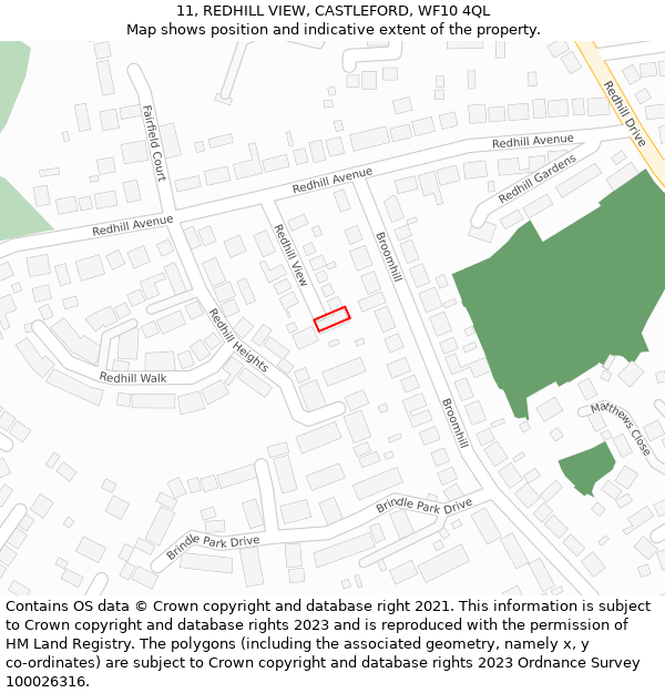 11, REDHILL VIEW, CASTLEFORD, WF10 4QL: Location map and indicative extent of plot