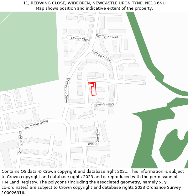 11, REDWING CLOSE, WIDEOPEN, NEWCASTLE UPON TYNE, NE13 6NU: Location map and indicative extent of plot