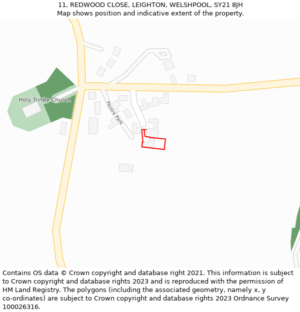 11, REDWOOD CLOSE, LEIGHTON, WELSHPOOL, SY21 8JH: Location map and indicative extent of plot