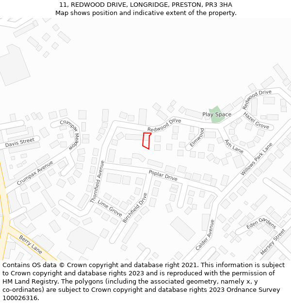 11, REDWOOD DRIVE, LONGRIDGE, PRESTON, PR3 3HA: Location map and indicative extent of plot