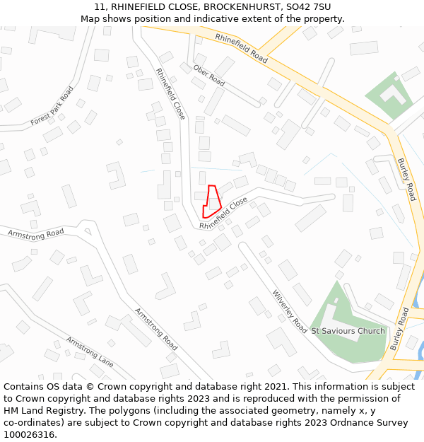 11, RHINEFIELD CLOSE, BROCKENHURST, SO42 7SU: Location map and indicative extent of plot