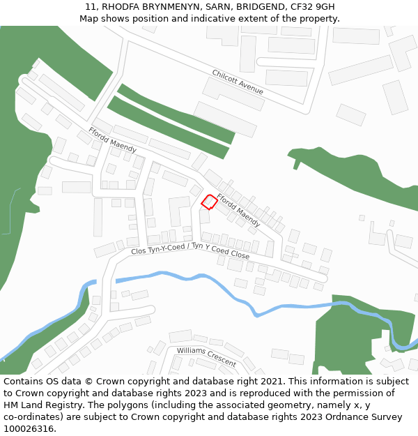 11, RHODFA BRYNMENYN, SARN, BRIDGEND, CF32 9GH: Location map and indicative extent of plot