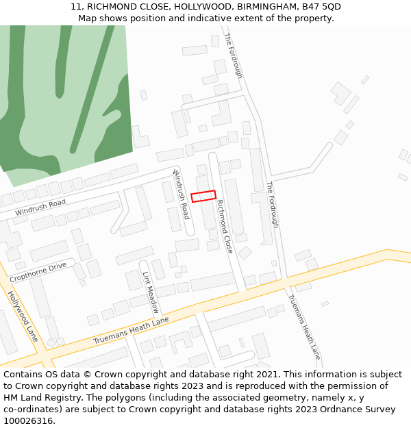 11, RICHMOND CLOSE, HOLLYWOOD, BIRMINGHAM, B47 5QD: Location map and indicative extent of plot