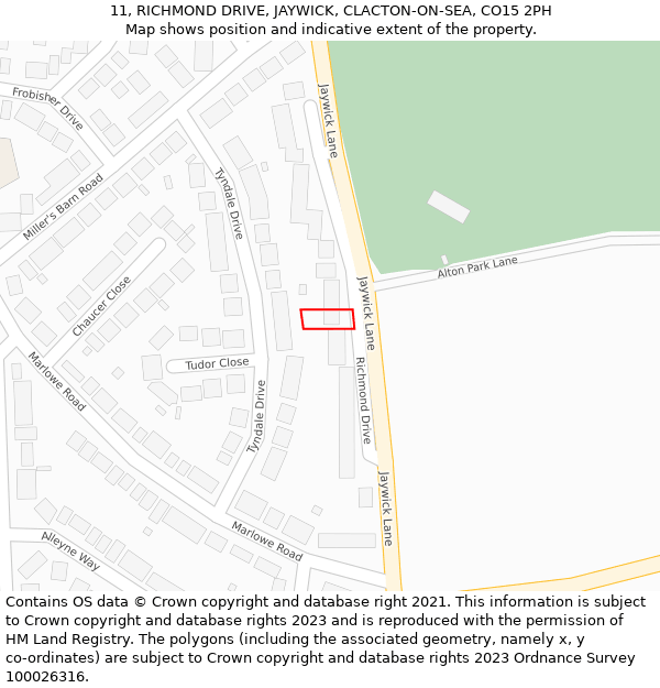 11, RICHMOND DRIVE, JAYWICK, CLACTON-ON-SEA, CO15 2PH: Location map and indicative extent of plot