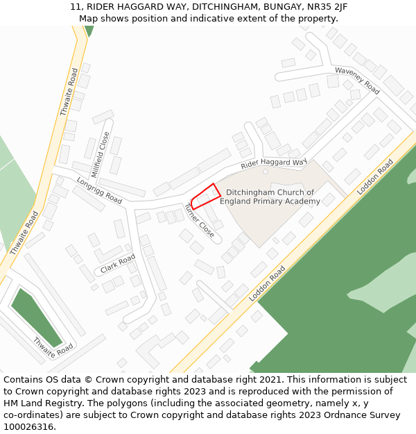 11, RIDER HAGGARD WAY, DITCHINGHAM, BUNGAY, NR35 2JF: Location map and indicative extent of plot