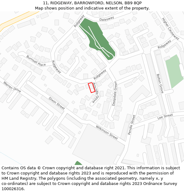 11, RIDGEWAY, BARROWFORD, NELSON, BB9 8QP: Location map and indicative extent of plot