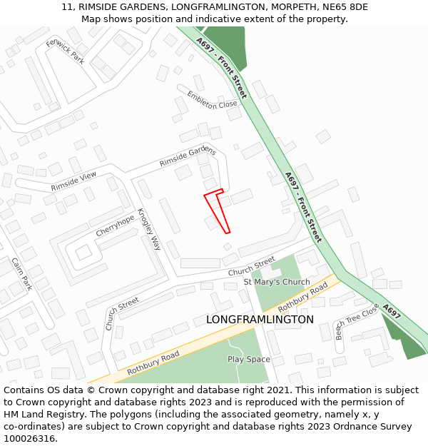 11, RIMSIDE GARDENS, LONGFRAMLINGTON, MORPETH, NE65 8DE: Location map and indicative extent of plot