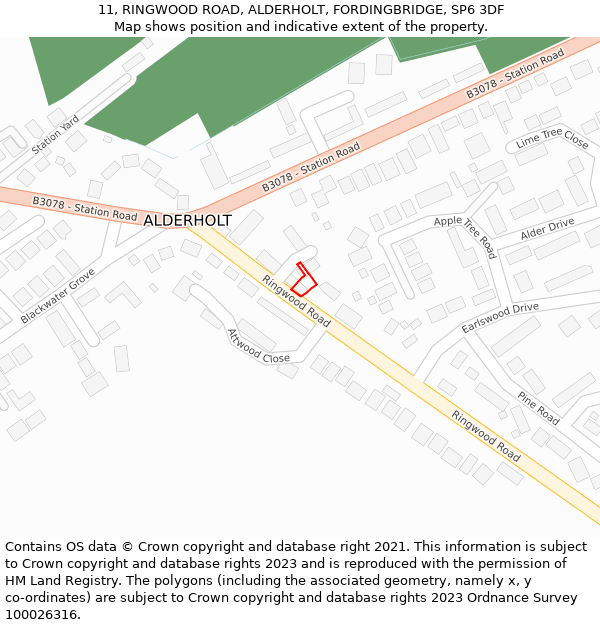 11, RINGWOOD ROAD, ALDERHOLT, FORDINGBRIDGE, SP6 3DF: Location map and indicative extent of plot